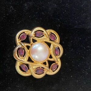 Monet Gold Brooch with Purple Accents and Pearl Center